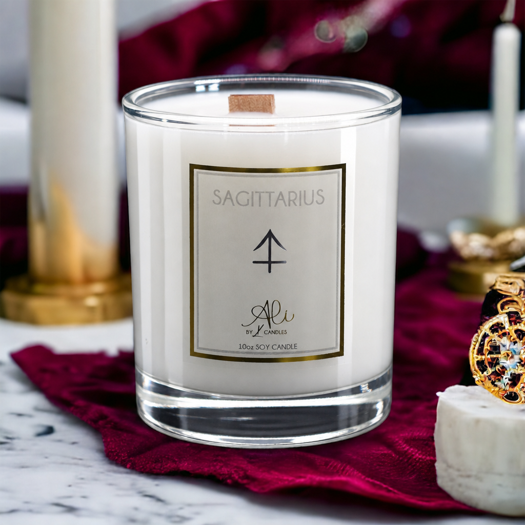 Sagittarius zodiac scented soy candle with amber, sandalwood and citrus
