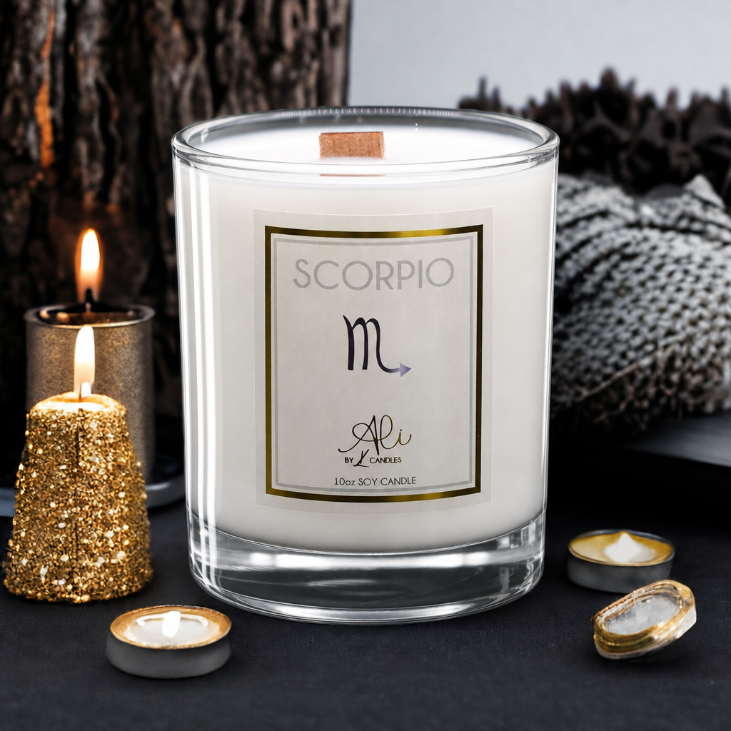Scorpio zodiac scented soy candle with amber, sandalwood and citrus
