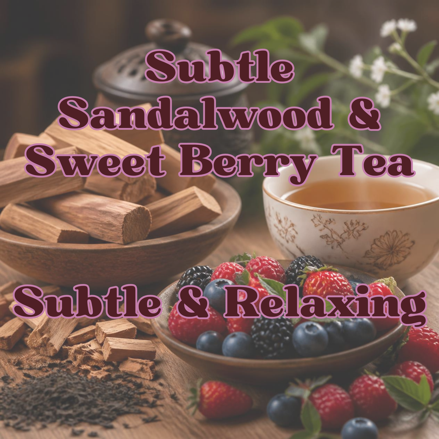 A cozy tea scene with a bowl of amber tea, a cup, wooden tea sticks, loose tea leaves, and a bowl of mixed berries. Large overlaid text reads 'Subtle Sandalwood & Sweet Berry Tea' and 'Subtle & Relaxing'.