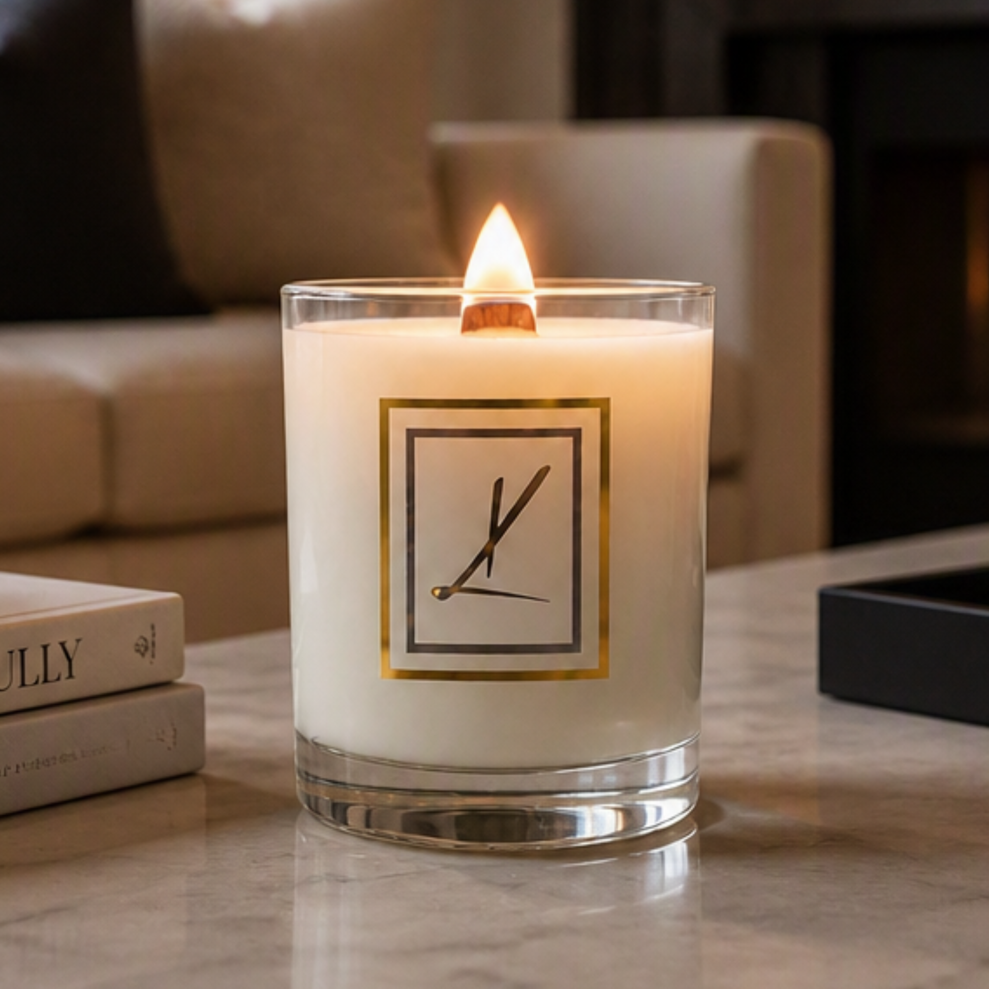A lit white candle in a clear glass jar with a Karys Layne logo on the front, set on a marble tabletop in a cozy living room environment. Choose your scent and transform your story.