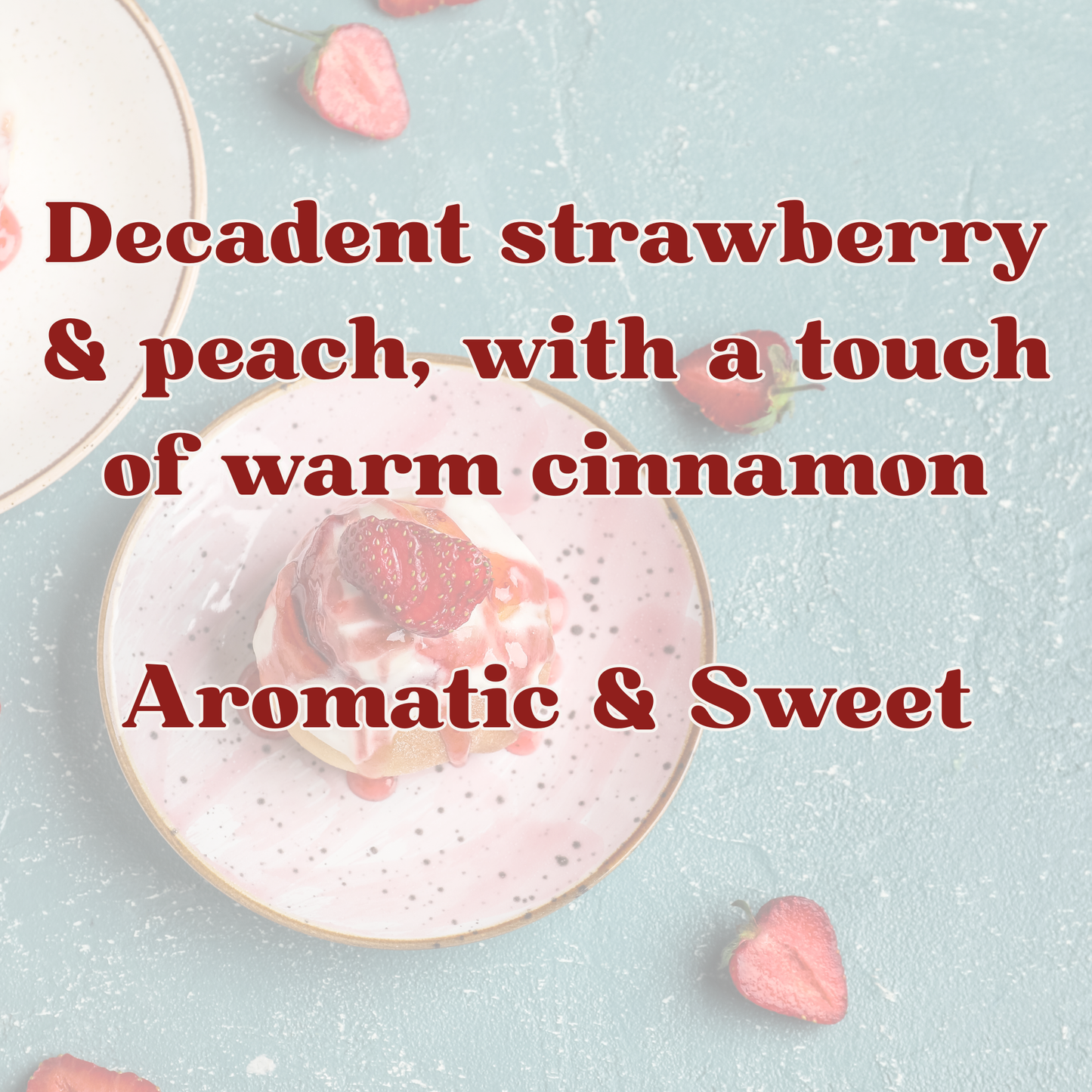 Dessert with strawberry and peach on a light blue background with text describing the flavors.
