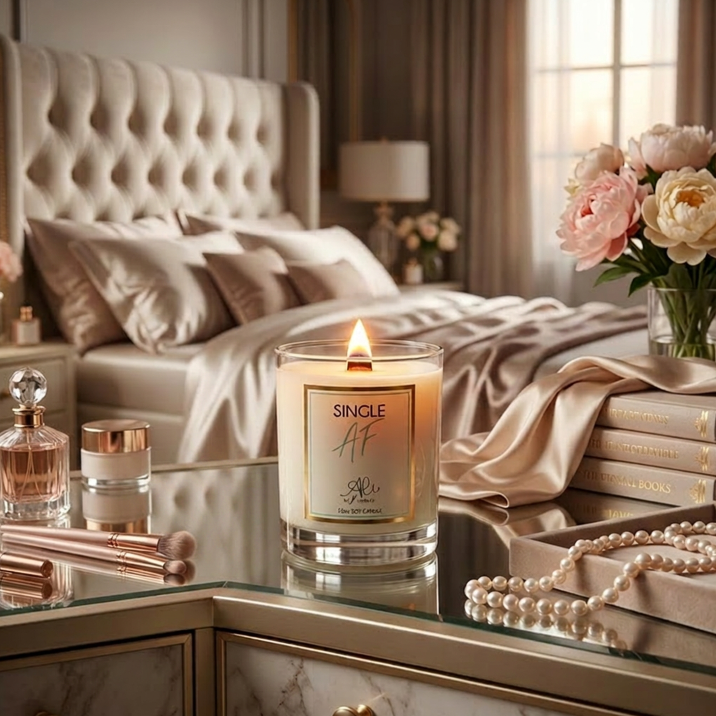 Single AF Candle on a nightstand in a bedroom with books, flowers, and jewelry.