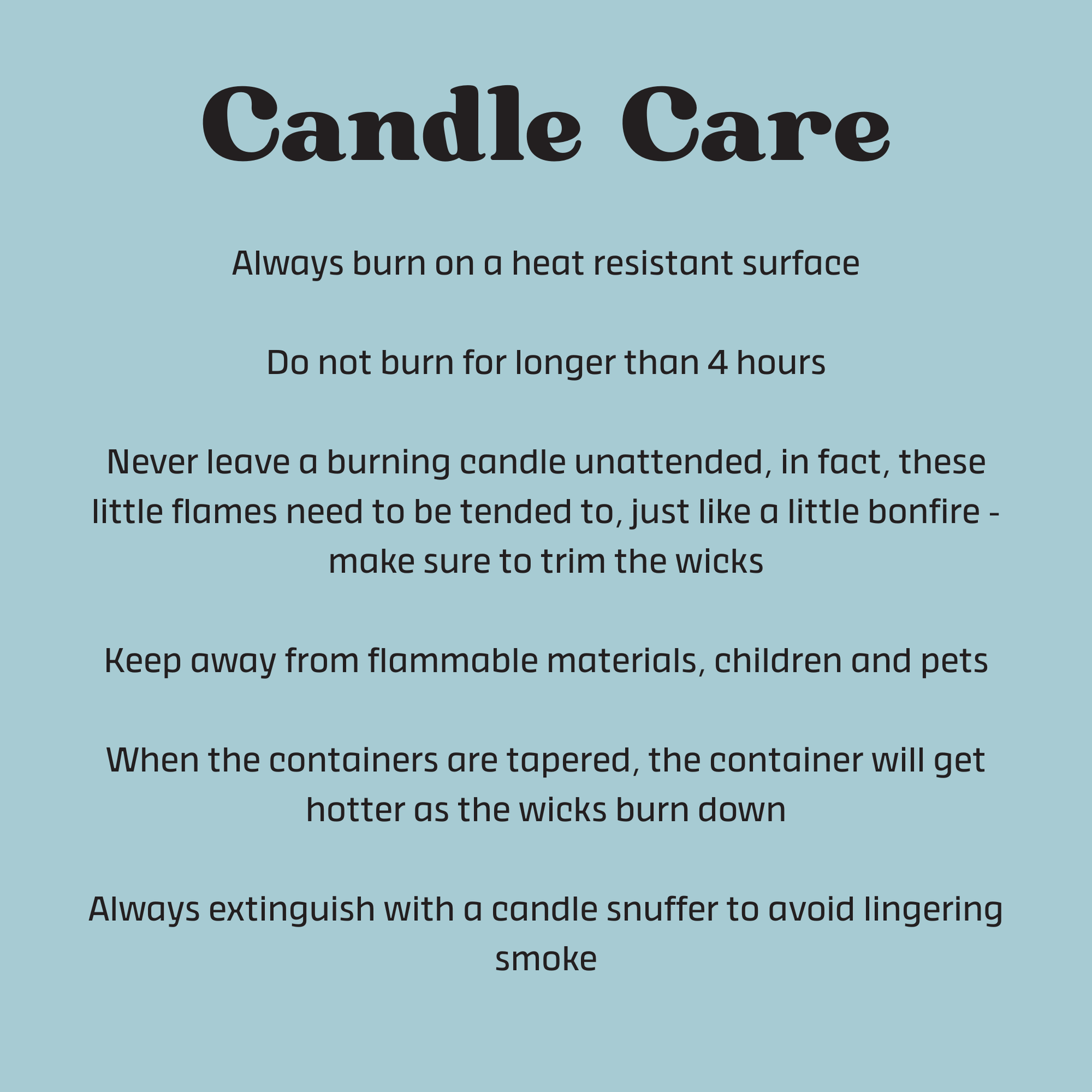 Candle care instructions on a light blue background
