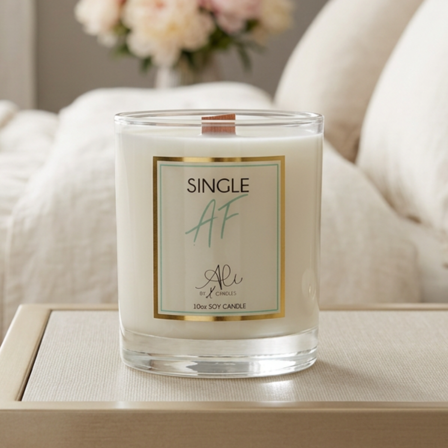 Single AF bestselling 10oz soy candle with strawberry, cherry and peach scent with crackling wooden wick