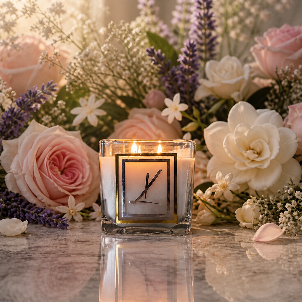 A lit square glass candle jar with a Karys Layne Logo on the front, surrounded by pink and white roses, lavender, and baby's breath on a reflective marble surface.