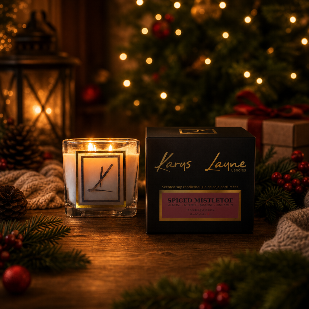 Spiced Mistletoe Karys Layne Candle. The warm scent of Spiced Mistletoe is a familiar fragrance of rich buttery coffee cake, fragrant spices, and chai cinnamon. 