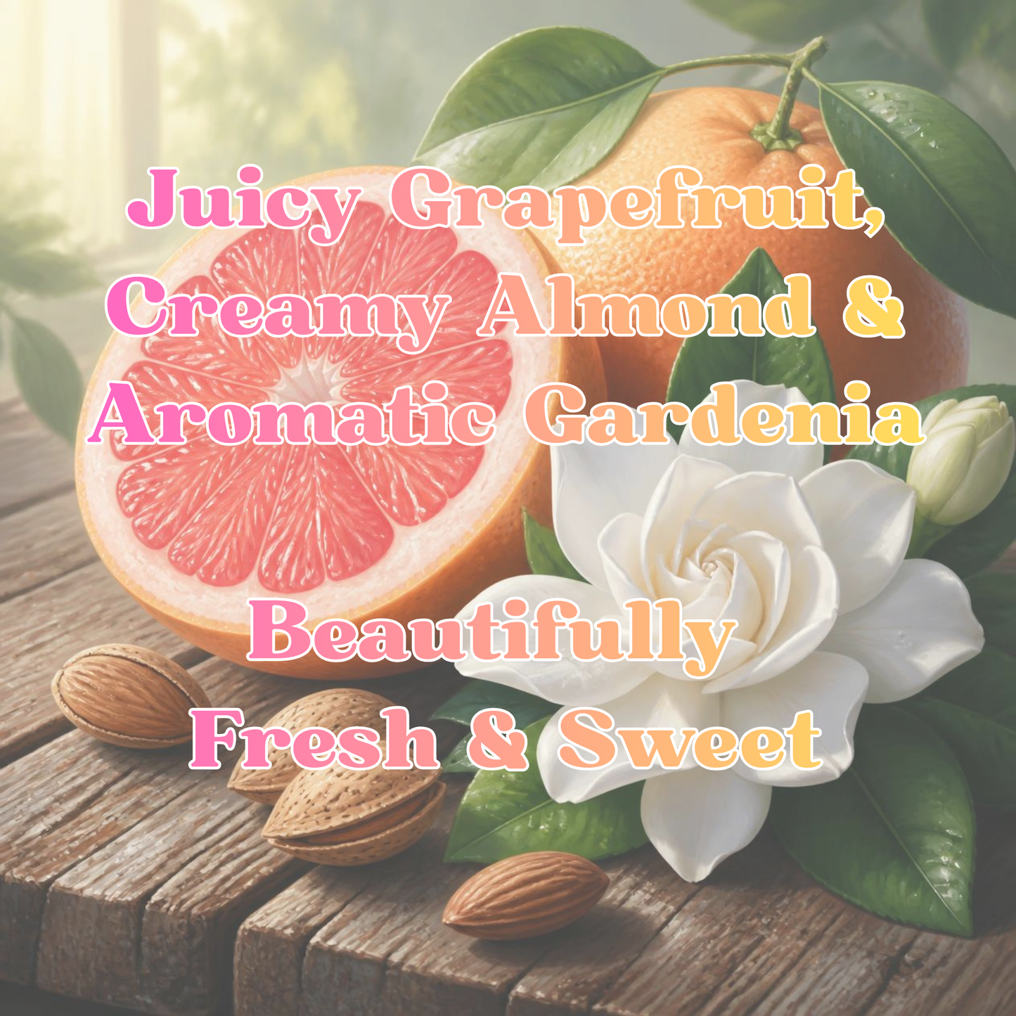 A styled product graphic featuring a halved pink grapefruit, whole almonds, green leaves, and a white flower on a wooden surface, with overlaid text reading 'Juicy Grapefruit, Creamy Almond & Aromatic Gardenia' and 'Beautifully Fresh & Sweet.' 