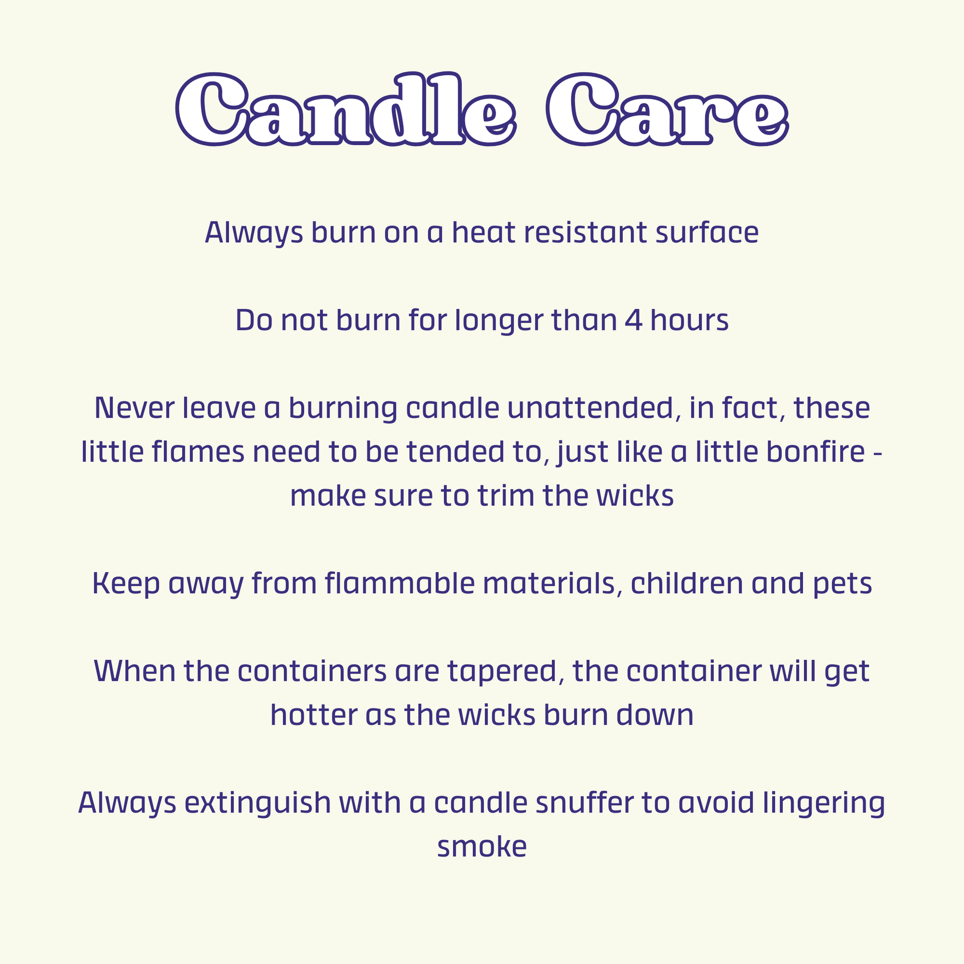 Text-based candle care instructions on a white background
