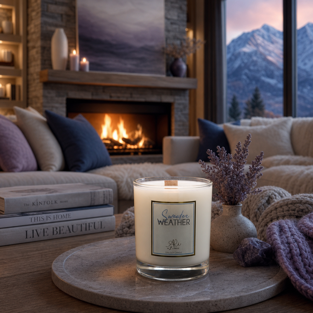 Sweater Weather lit candle flame — warm vanilla and musk fragrance, hand poured in Canada