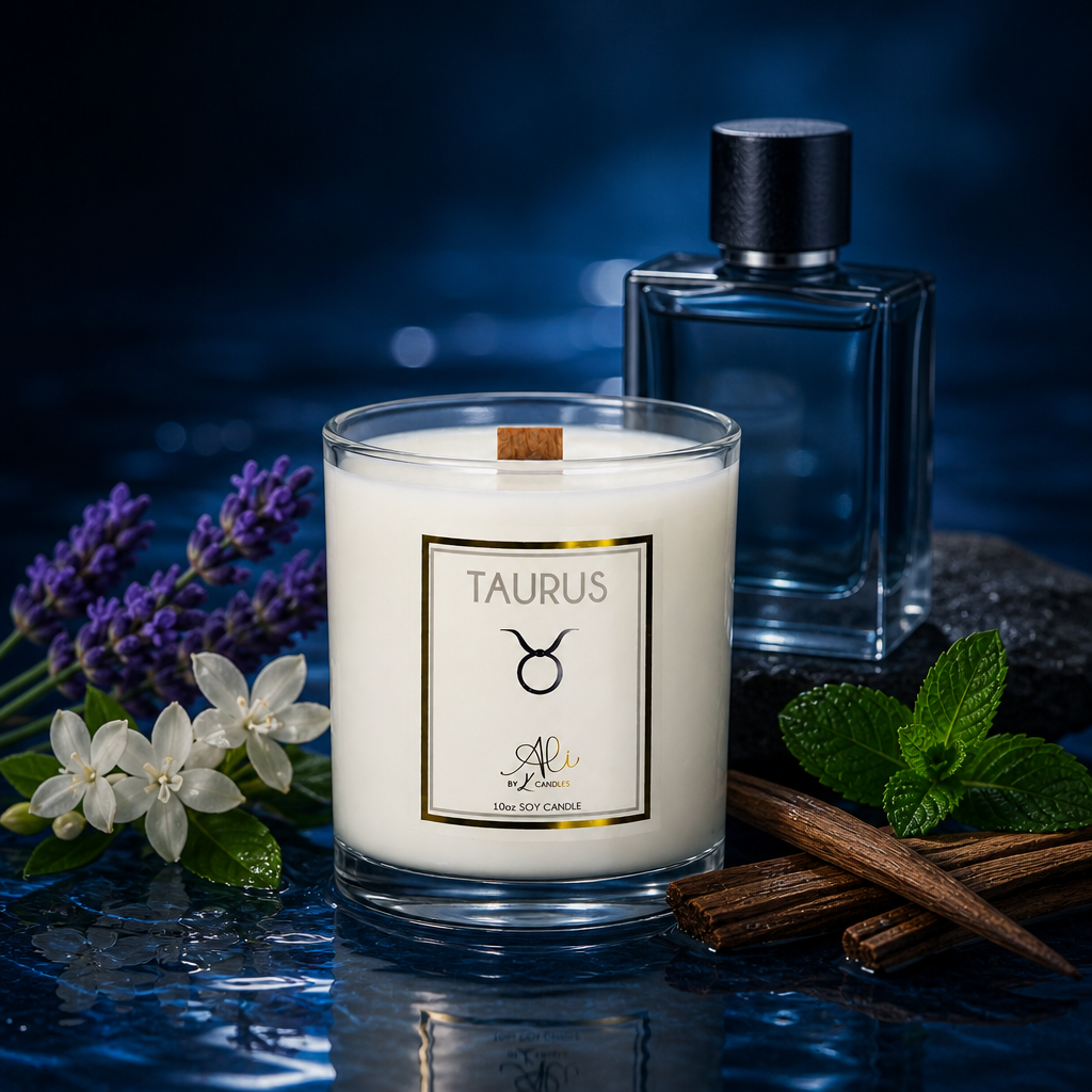 Taurus zodiac scented soy candle with amber, sandalwood and citrus