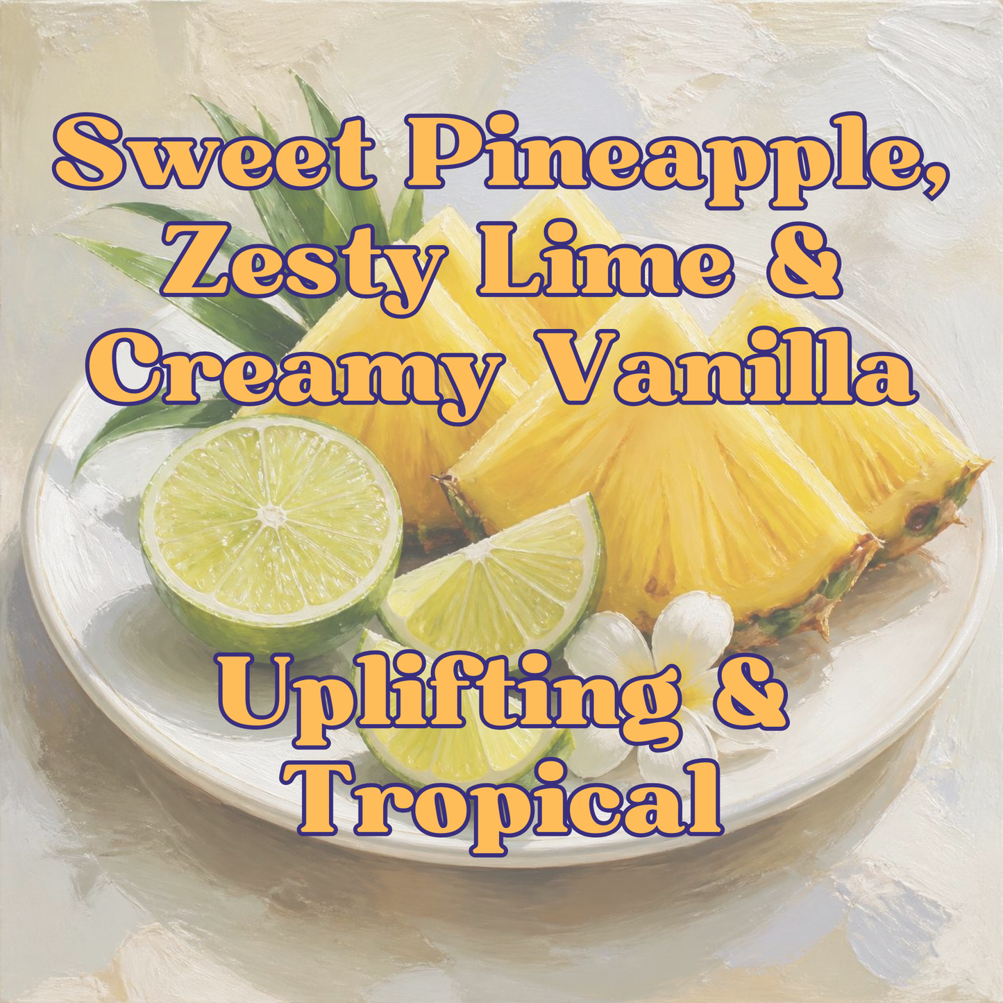 A stylized painted product graphic showing sliced pineapple and lime wedges on a white plate, with large overlaid text reading 'Sweet Pineapple, Zesty Lime & Creamy Vanilla' and 'Uplifting & Tropical.' 