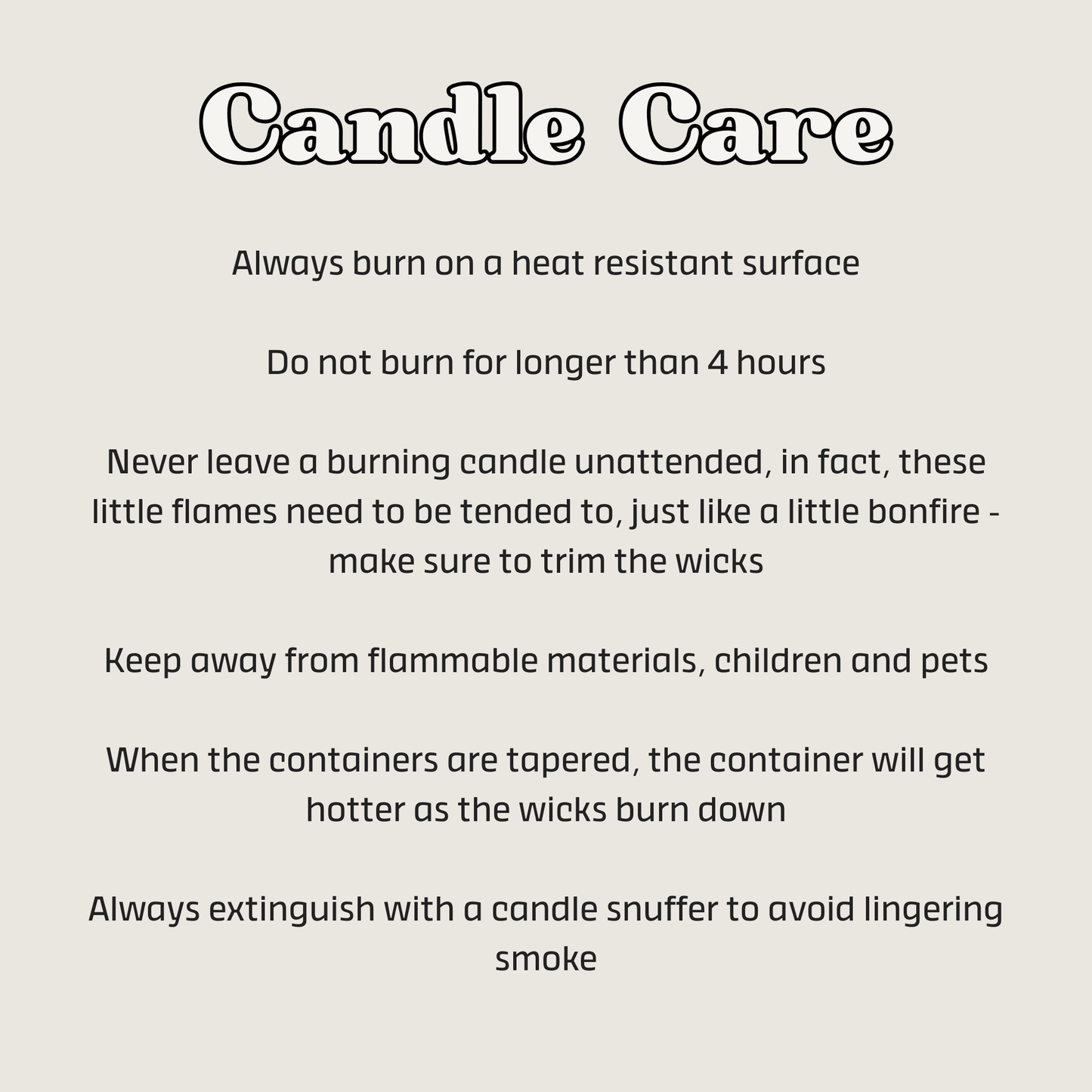 Text-based candle care instructions on a light gray background