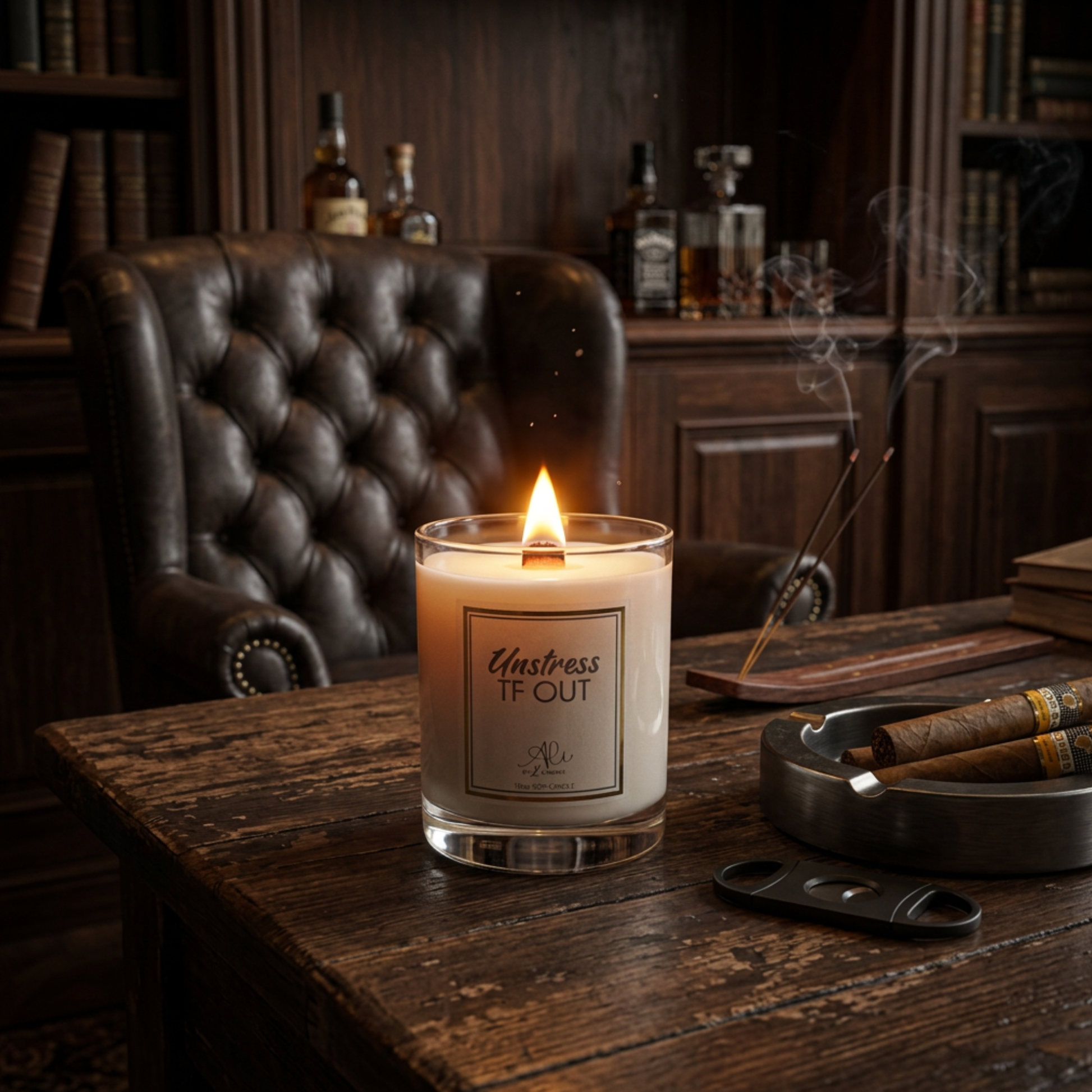 Lit Unstress TF Out wood wick candle with bergamot and sweet vanilla fragrance