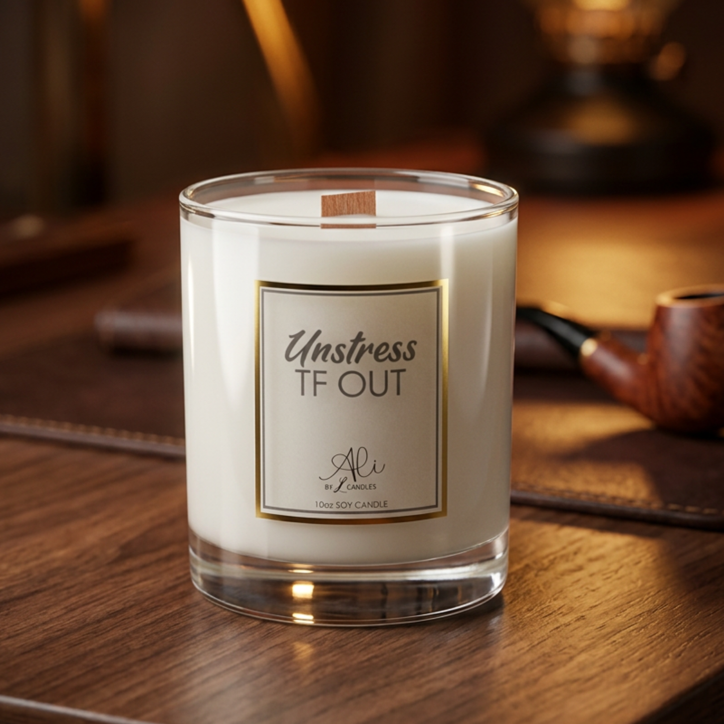 Unstress TF Out bestselling 10oz soy candle with earthy bergamot and amber scent
