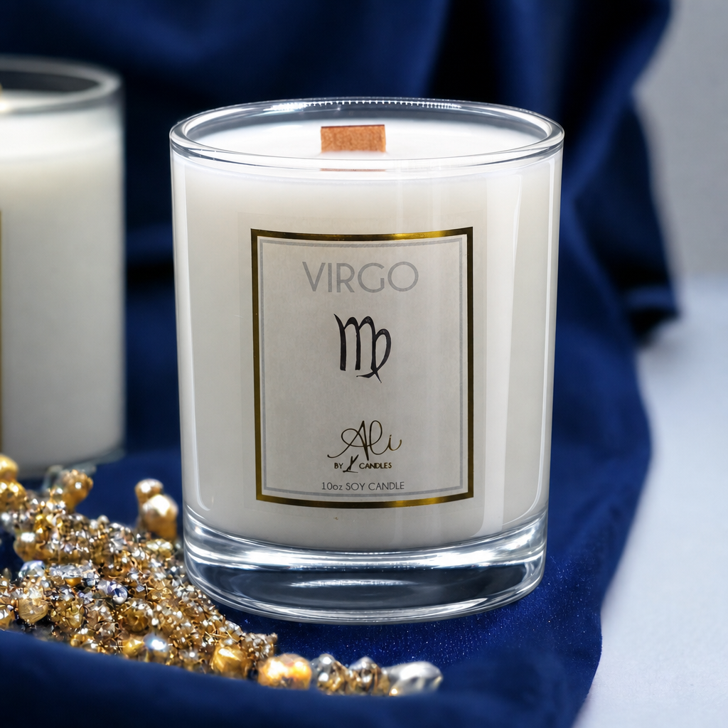 Virgo zodiac scented soy candle with amber, sandalwood and citrus