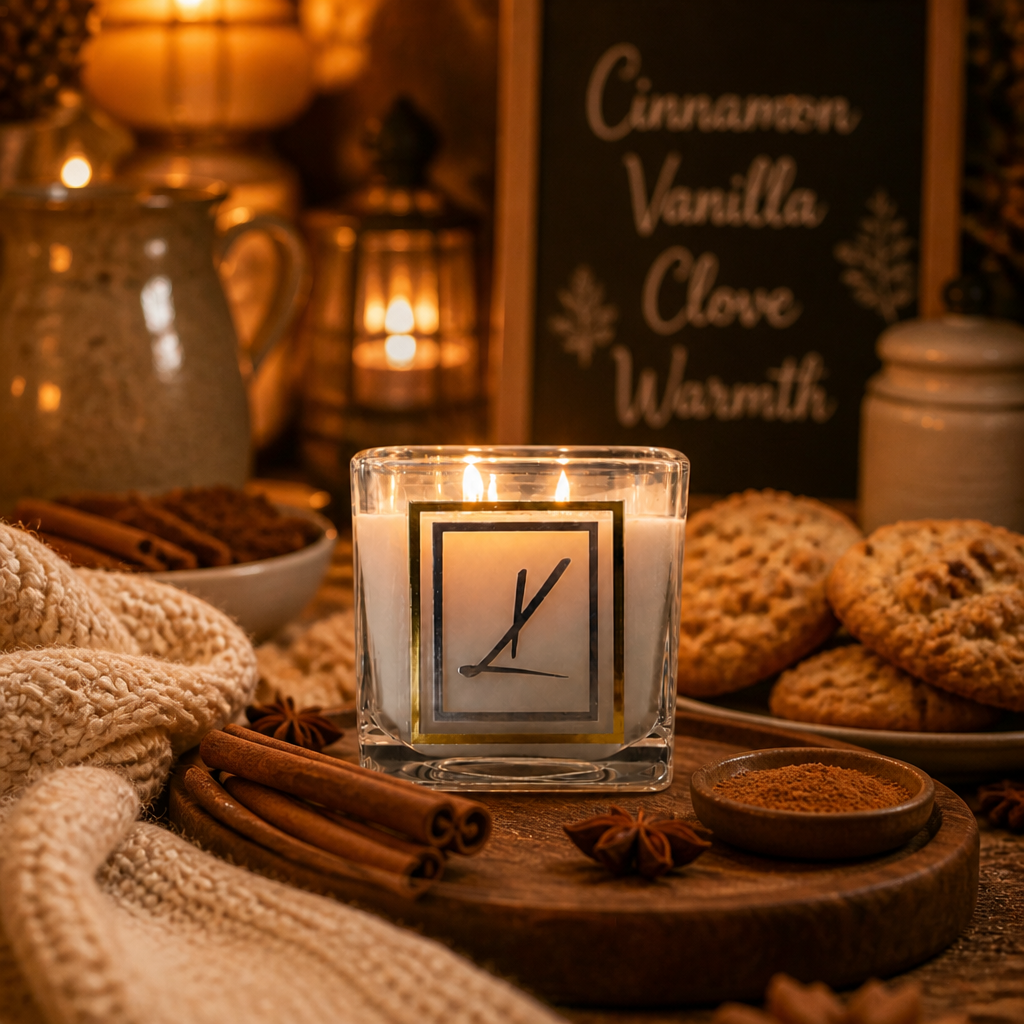 lit luxurious candle surrounded by baking, festive and warm