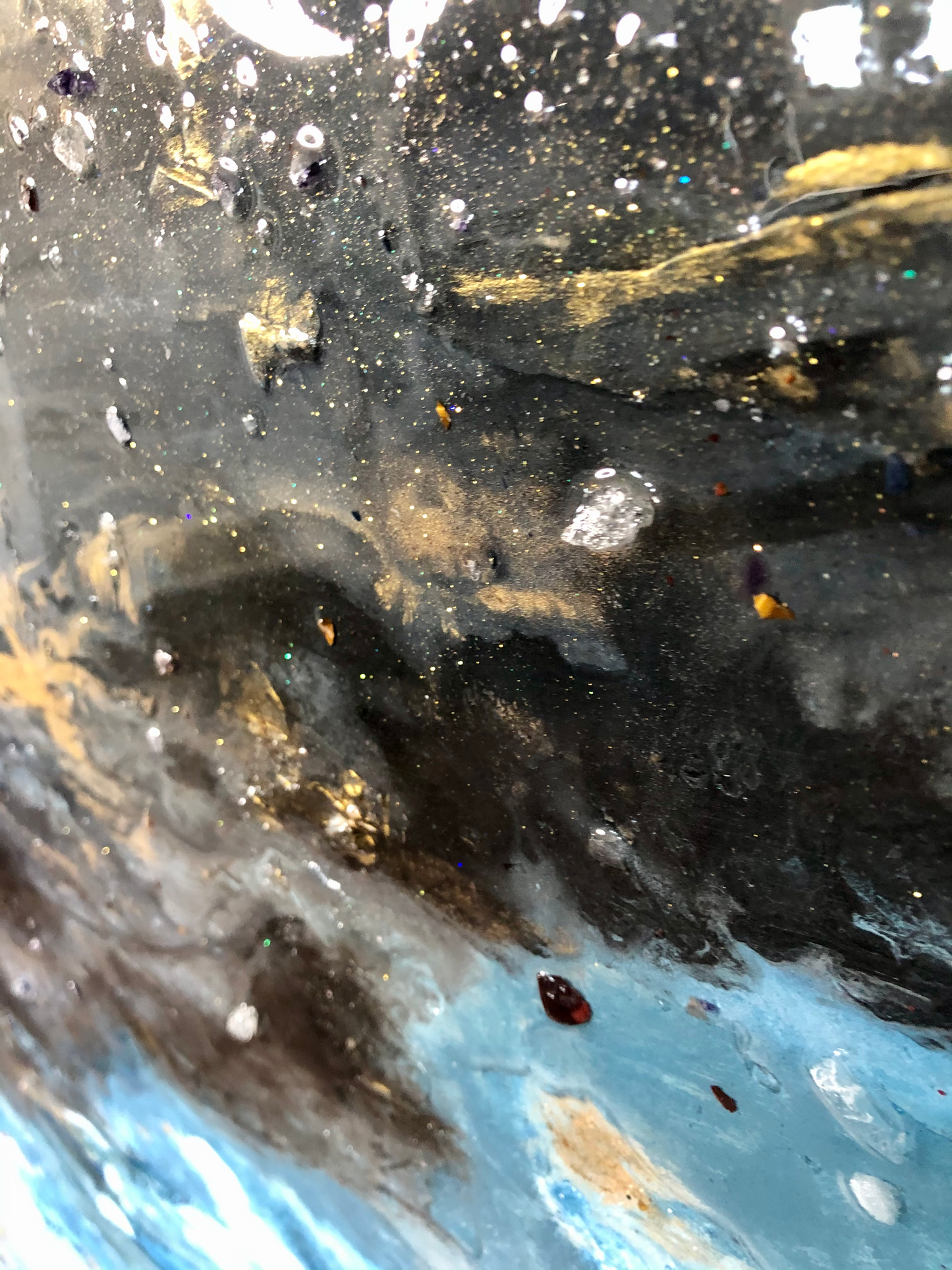 The healing crystals included in this one of a kind painting are the following: Flourite * Emerald * Sodalite * Tiger's Iron Eye * Bloodstone *Leopard Skin Agate * Black Obsidian * Citrine * Red Jaspar * Mookaite Jaspar * Tiger's Eye * Smokey Quartz. Karys Layne Candles
